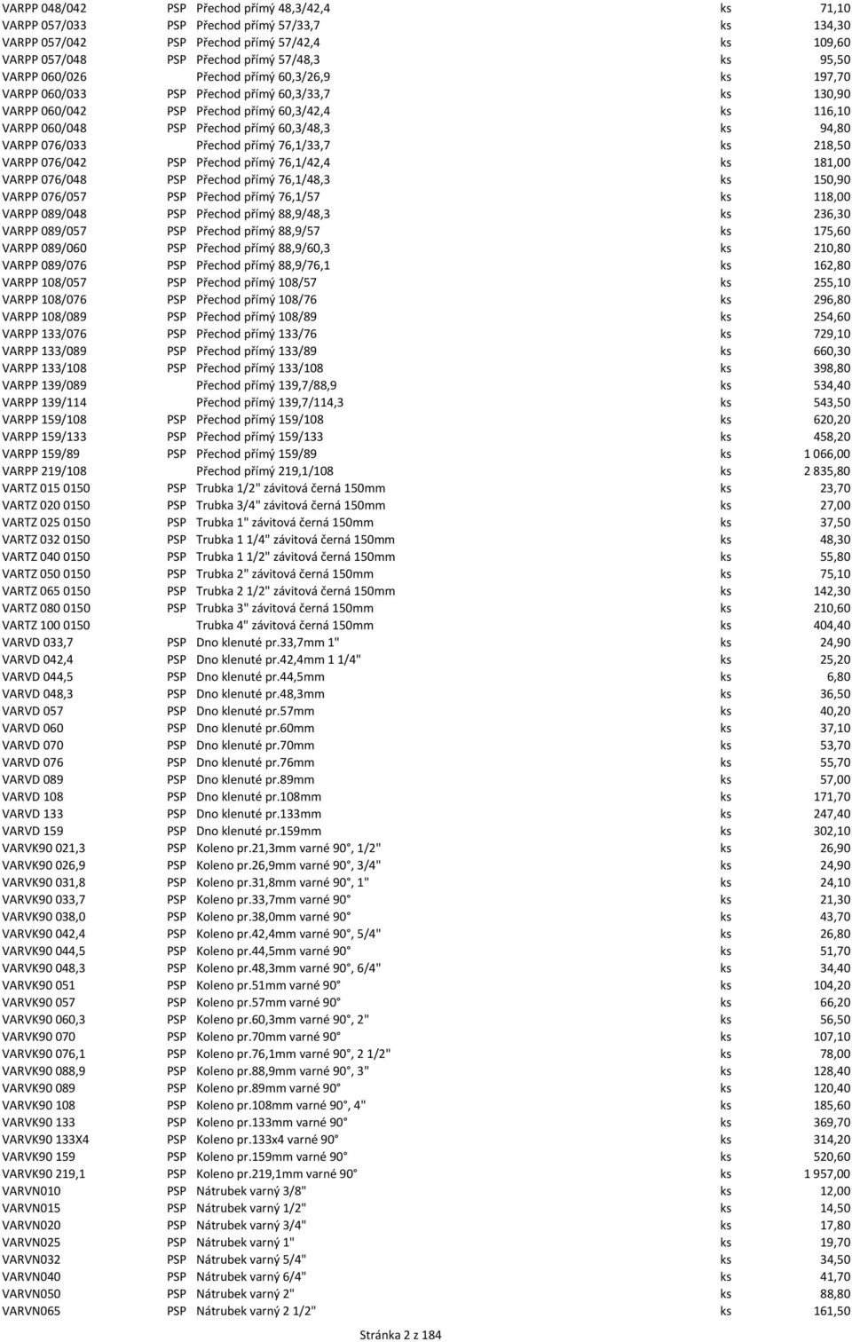 94,80 VARPP 076/033 Přechod přímý 76,1/33,7 ks 218,50 VARPP 076/042 PSP Přechod přímý 76,1/42,4 ks 181,00 VARPP 076/048 PSP Přechod přímý 76,1/48,3 ks 150,90 VARPP 076/057 PSP Přechod přímý 76,1/57