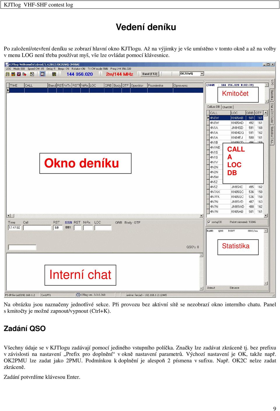 Kmitočet Okno deníku CALL A LOC DB Statistika Interní chat Na obrázku jsou naznačeny jednotlivé sekce. Při provozu bez aktivní sítě se nezobrazí okno interního chatu.