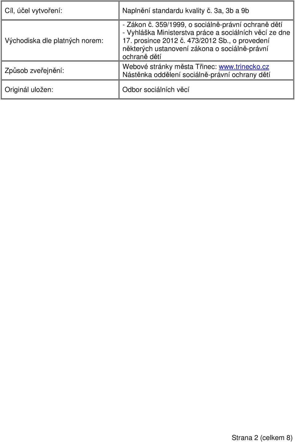 359/1999, o sociálně-právní ochraně dětí - Vyhláška Ministerstva práce a sociálních věcí ze dne 17. prosince 2012 č.