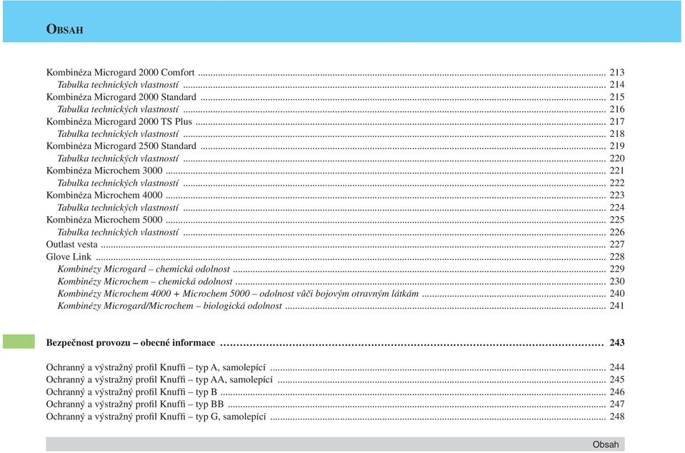 .. 222 Kombinéza Microchem 4000... 223 Tabulka technických vlastností... 224 Kombinéza Microchem 5000... 225 Tabulka technických vlastností... 226 Outlast vesta... 227 Glove Link.