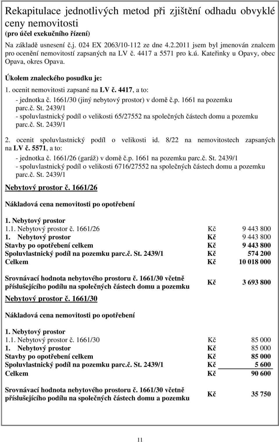 ocenit nemovitosti zapsané na LV č. 4417, a to: - jednotka č. 1661/30 (jiný nebytový prostor) v domě č.p. 1661 na pozemku parc.č. St.