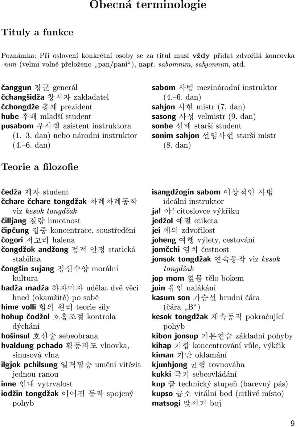 dan) sabom 사범 mezinárodní instruktor (4.{6. dan) sahjon 사현 mistr (7. dan) sasong 사성 velmistr (9. dan) sonbe 선배 star¹í student sonim sahjon 선임사현 star¹í mistr (8.