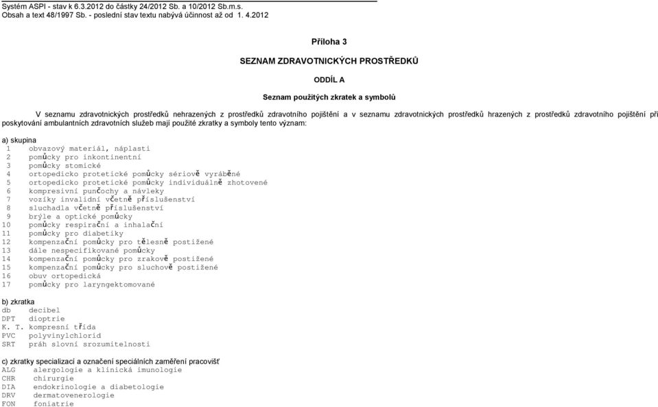 2012 Příloha 3 SEZNAM ZDRAVOTNICKÝCH PROSTŘEDKŮ ODDÍL A Seznam použitých zkratek a symbolů V seznamu zdravotnických prostředků nehrazených z prostředků zdravotního pojištění a v seznamu