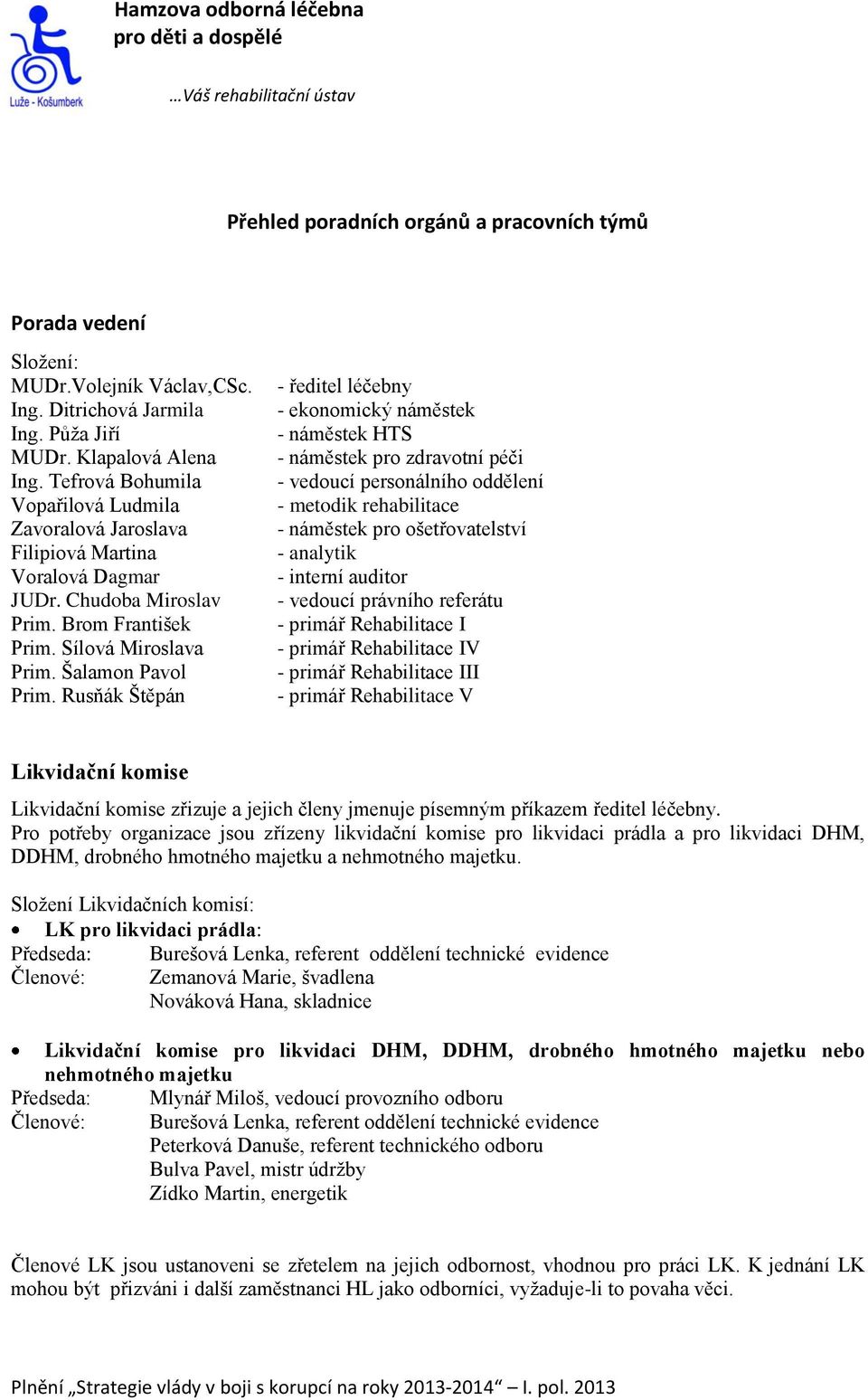 Rusňák Štěpán - ředitel léčebny - ekonomický náměstek - náměstek HTS - náměstek pro zdravotní péči - vedoucí personálního oddělení - metodik rehabilitace - náměstek pro ošetřovatelství - analytik -