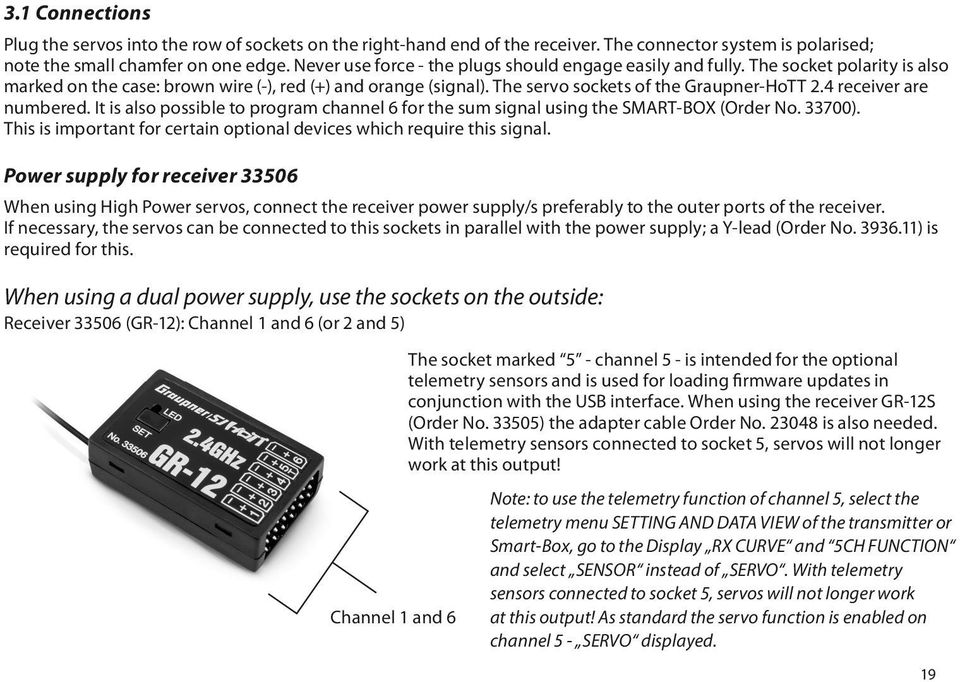 4 receiver are numbered. It is also possible to program channel 6 for the sum signal using the SMART-BOX (Order No. 33700). This is important for certain optional devices which require this signal.