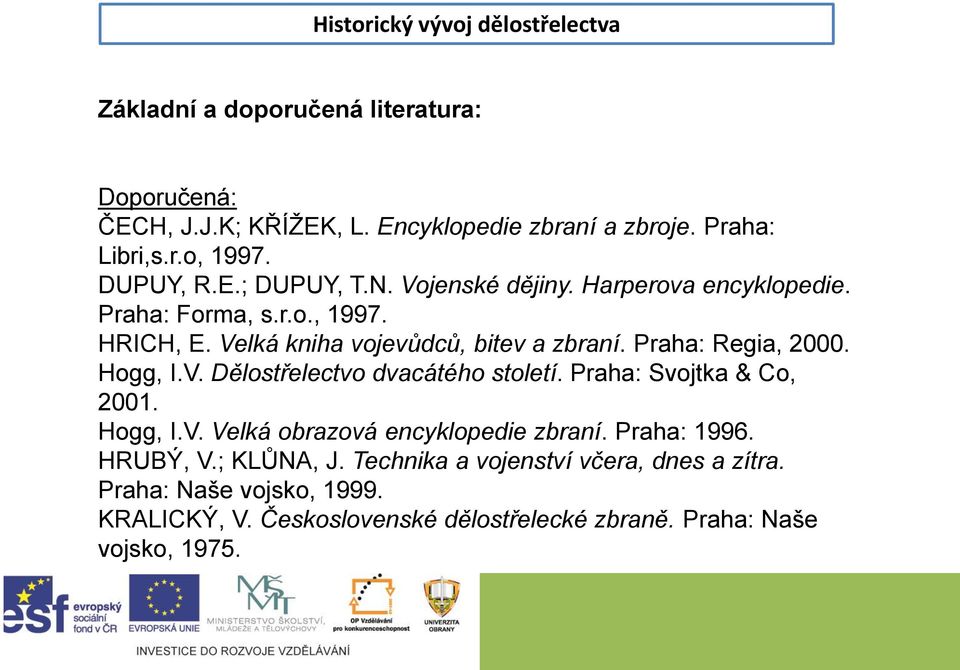 Praha: Regia, 2000. Hogg, I.V. Dělostřelectvo dvacátého století. Praha: Svojtka & Co, 2001. Hogg, I.V. Velká obrazová encyklopedie zbraní. Praha: 1996.