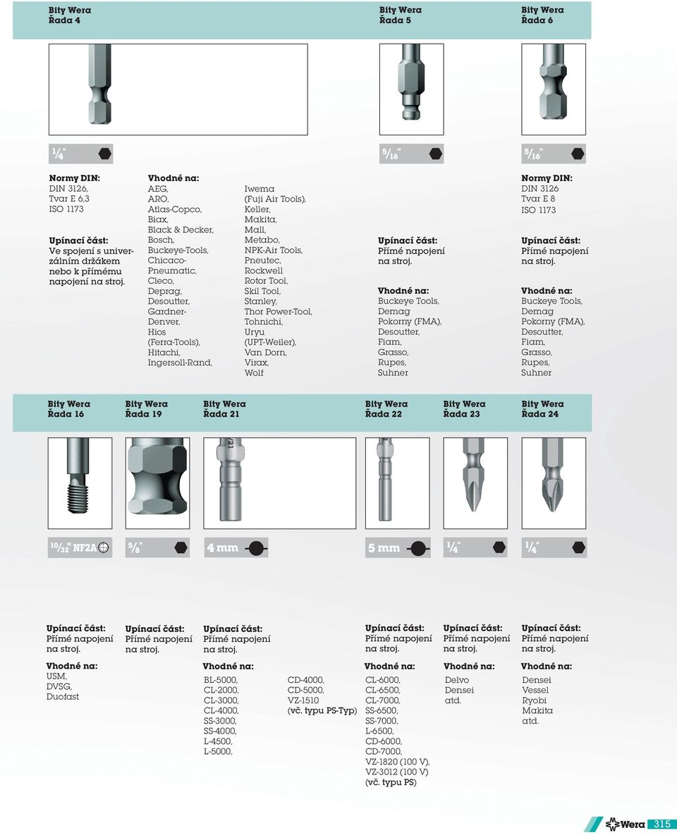 Tohnichi, Uryu (UPT-Weiler), Van Dorn, Virax, Wolf Normy : Tvar E ISO Buckeye Tools, Demag Pokorny (FMA), Desoutter, Fiam, Grasso, Rupes, Suhner Buckeye Tools, Demag Pokorny (FMA), Desoutter, Fiam,