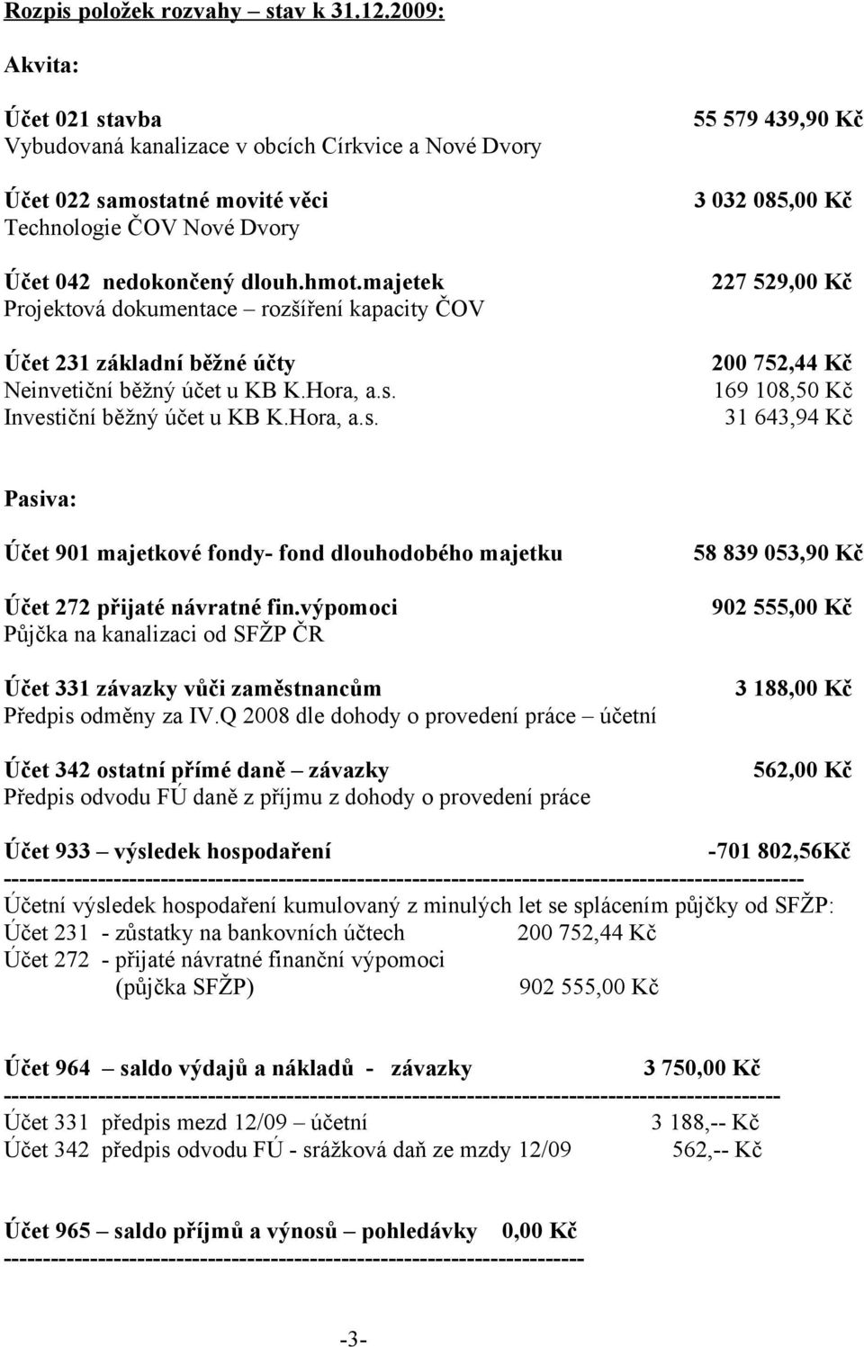 majetek Projektová dokumentace rozšíření kapacity ČOV Účet 231 základní běžné účty Neinvetiční běžný účet u KB K.Hora, a.s.