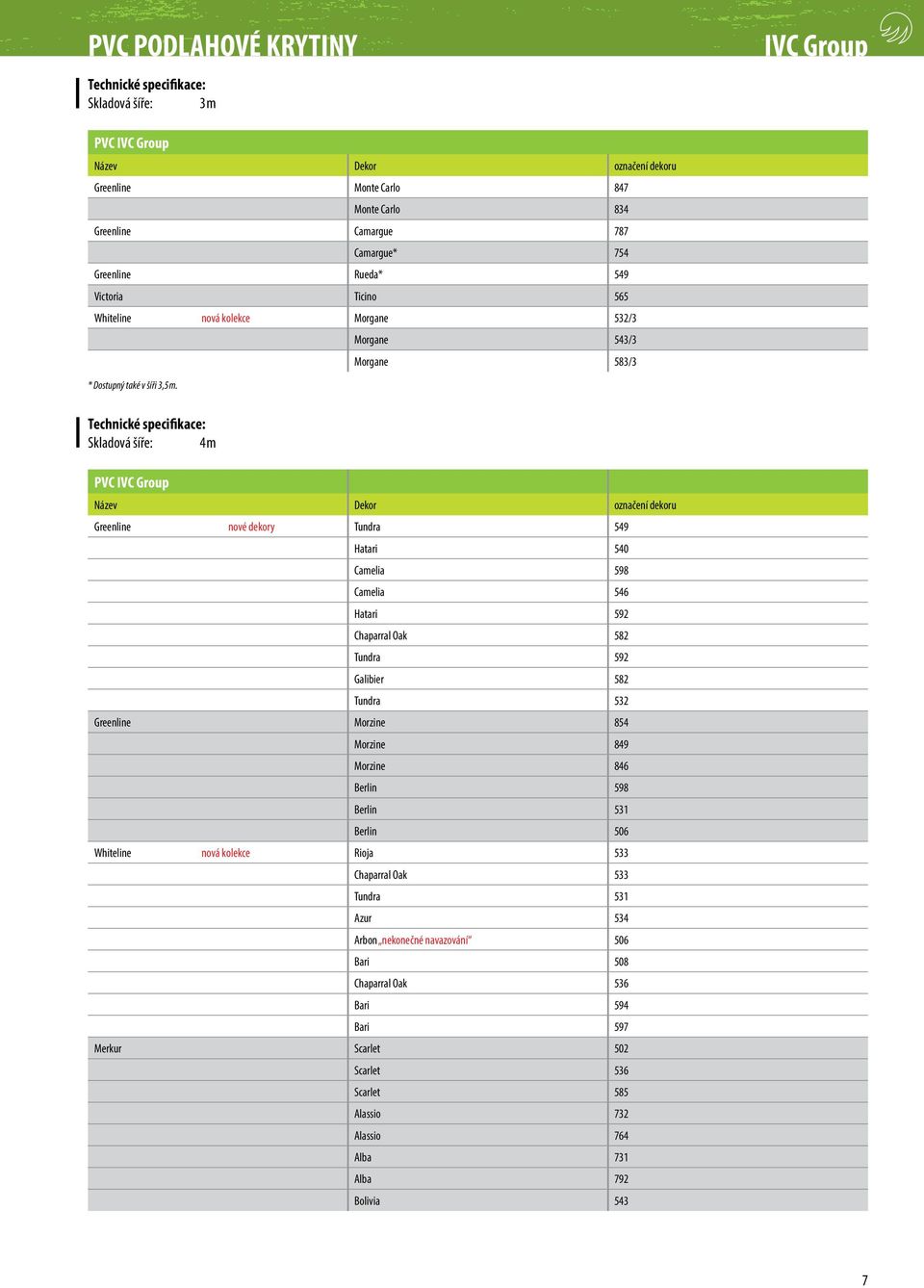 Technické specifikace: Skladová šíře: 4 m PVC IVC Group Dekor označení dekoru Greenline nové dekory Tundra 549 Hatari 540 Camelia 598 Camelia 546 Hatari 592 Chaparral Oak 582 Tundra 592 Galibier 582