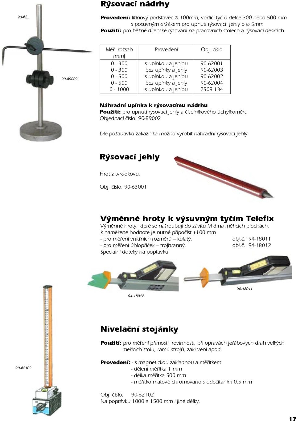 deskách 90-89002 Mìø. rozsah (mm) 0-300 0-300 0-500 0-500 0-1000 Provedení s upínkou a jehlou bez upínky a jehly s upínkou a jehlou bez upínky a jehly s upínkou a jehlou Obj.