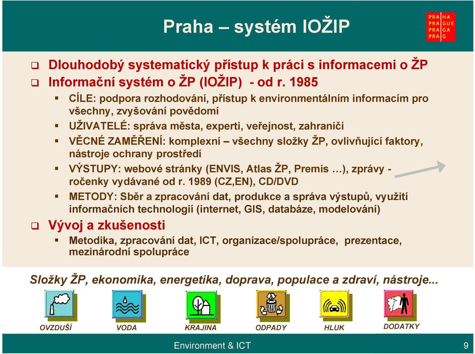 ŽP, ovlivňující faktory, nástroje ochrany prostředí VÝSTUPY: webové stránky (ENVIS, Atlas ŽP, Premis ), zprávy - ročenky vydávané od r.