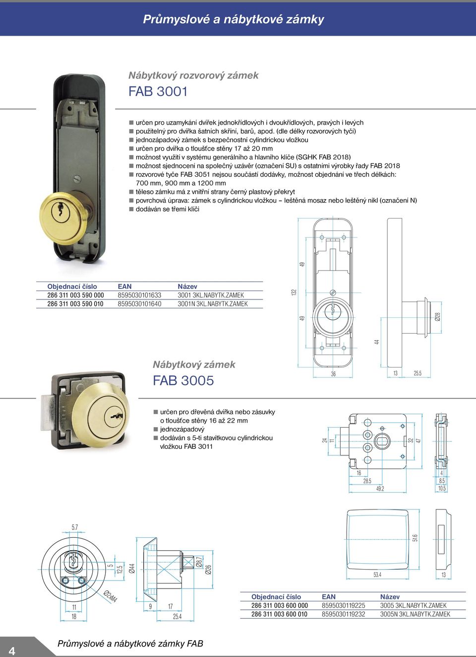 2018) možnost sjednocení na společný uzávěr (označení SU) s ostatními výrobky řady FAB 2018 rozvorové tyče FAB 3051 nejsou součástí dodávky, možnost objednání ve třech délkách: 700 mm, 900 mm a 1200