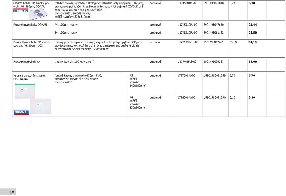 25,44 B4, 100µm, matný bezbarvé U1748910PL-00 5901498061182 26,50 Prospektové obaly, PP, matný povrch, A4, 30µm, DOX "matný povrch, vyroben z ekologicky šetrného polypropylenu (30µm), pro dokumenty
