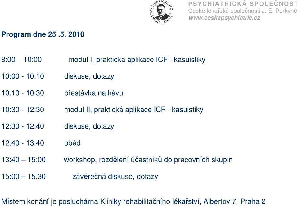 10-10:30 přestávka na kávu 10:30-12:30 modul II, praktická aplikace ICF - kasuistiky 12:30-12:40 diskuse,