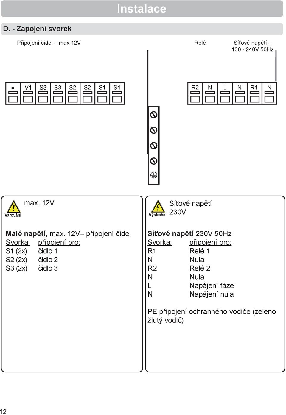50Hz V1 S3 S3 S2 S2 S1 S1 R2 R1 max. 12V Síťové napětí 230V Malé napětí, max.