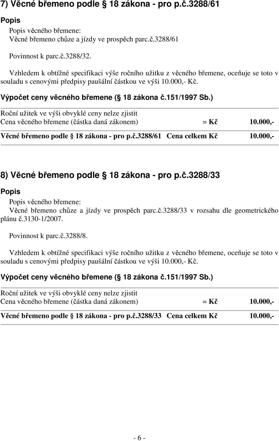 č.3288/33 věcného břemene: Věcné břemeno chůze a jízdy ve prospěch parc.č.3288/33 v rozsahu dle geometrického plánu č.