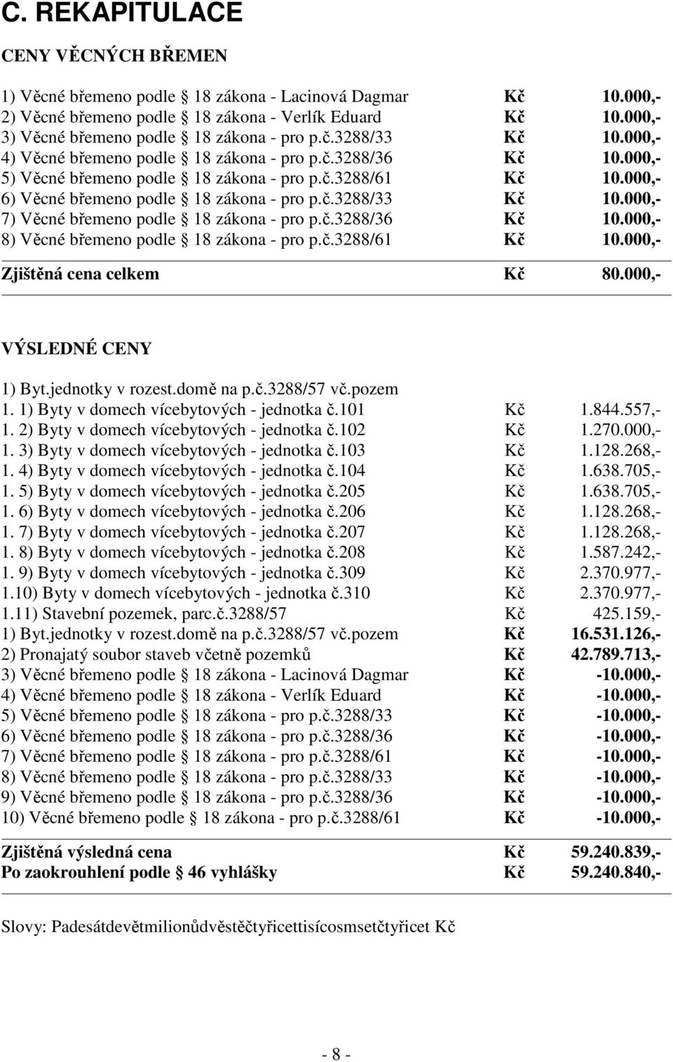 000,- 6) Věcné břemeno podle 18 zákona - pro p.č.3288/33 Kč 10.000,- 7) Věcné břemeno podle 18 zákona - pro p.č.3288/36 Kč 10.000,- 8) Věcné břemeno podle 18 zákona - pro p.č.3288/61 Kč 10.