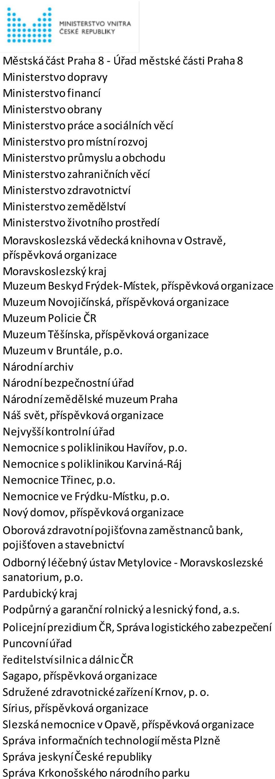 organizace Moravskoslezský kraj Muzeum Beskyd Frýdek-Místek, příspěvková organizace Muzeum Novojičínská, příspěvková organizace Muzeum Policie ČR Muzeum Těšínska, příspěvková organizace Muzeum v