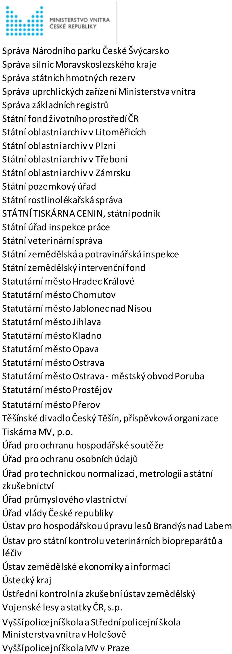 rostlinolékařská správa STÁTNÍ TISKÁRNA CENIN, státní podnik Státní úřad inspekce práce Státní veterinární správa Státní zemědělská a potravinářská inspekce Státní zemědělský intervenční fond