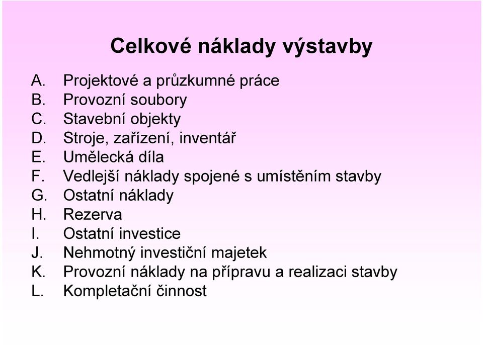 Vedlejší náklady spojené s umístěním stavby G. Ostatní náklady H. Rezerva I.