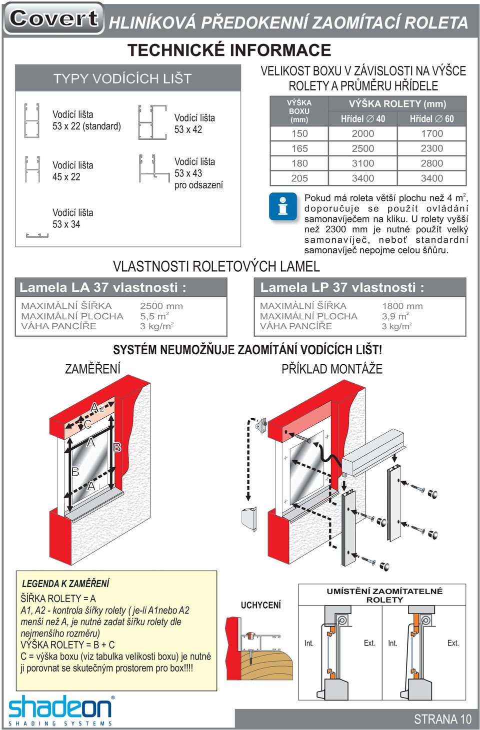 NEUMOŽÒUJE ZAOMÍTÁNÍ VODÍCÍCH LIŠT! 0 mm 3,9 m 3 kg/m Høídel 60 00 300 800 3400 Pokud má roleta vìtší plochu než 4 m, doporuèuje se použít ovládání samonavíjeèem na kliku.