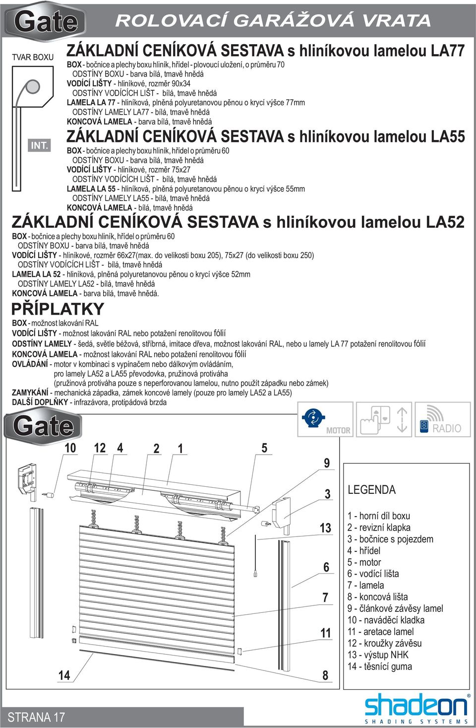 prùmìru 60 ODSTÍNY BOXU - barva bílá, tmavì hnìdá VODÍCÍ LIŠTY - hliníkové, rozmìr 75x7 ODSTÍNY VODÍCÍCH LIŠT - bílá, tmavì hnìdá LAMELA LA 55 - hliníková, plnìná polyuretanovou pìnou o krycí výšce