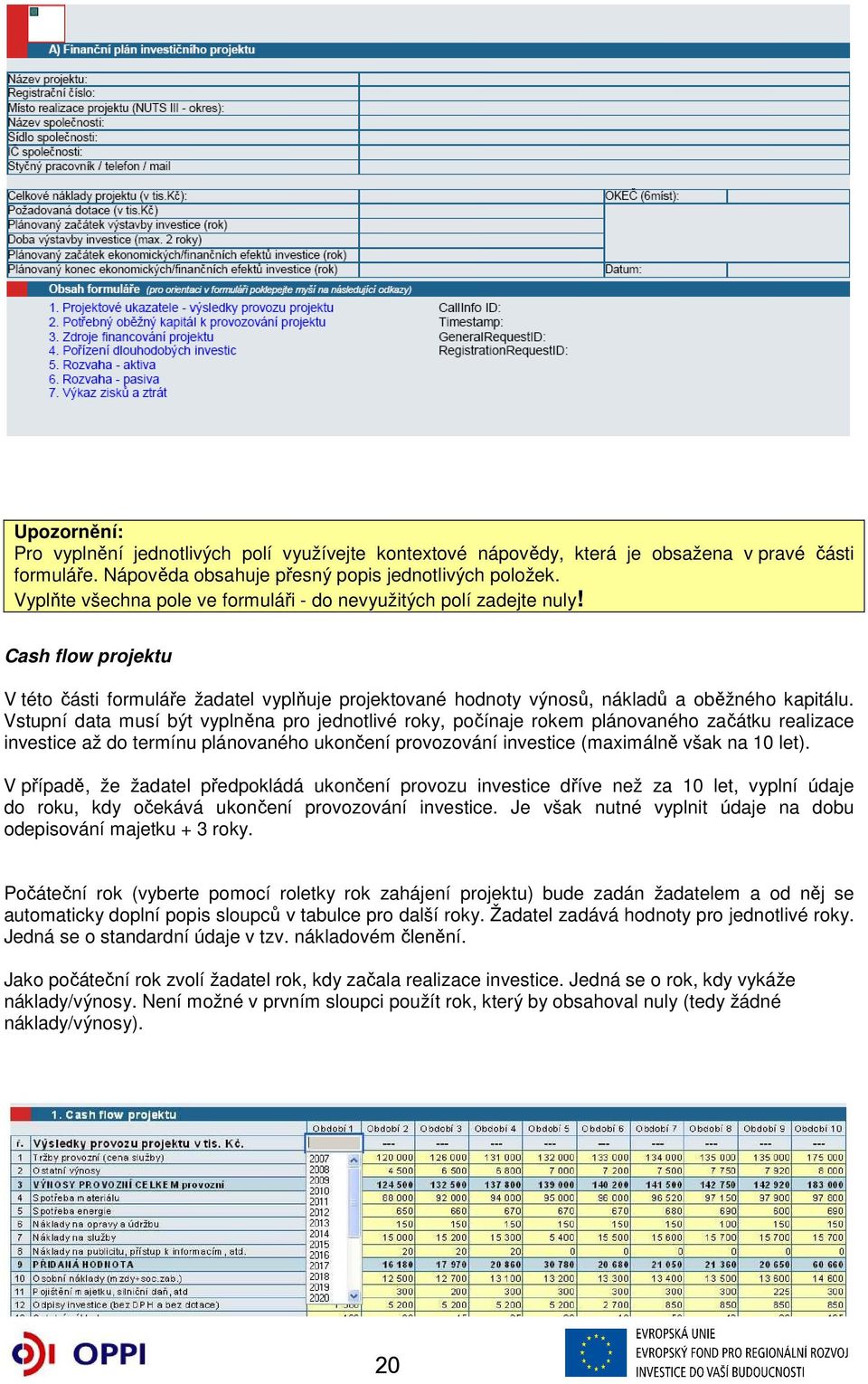 Vstupní data musí být vyplněna pro jednotlivé roky, počínaje rokem plánovaného začátku realizace investice až do termínu plánovaného ukončení provozování investice (maximálně však na 10 let).