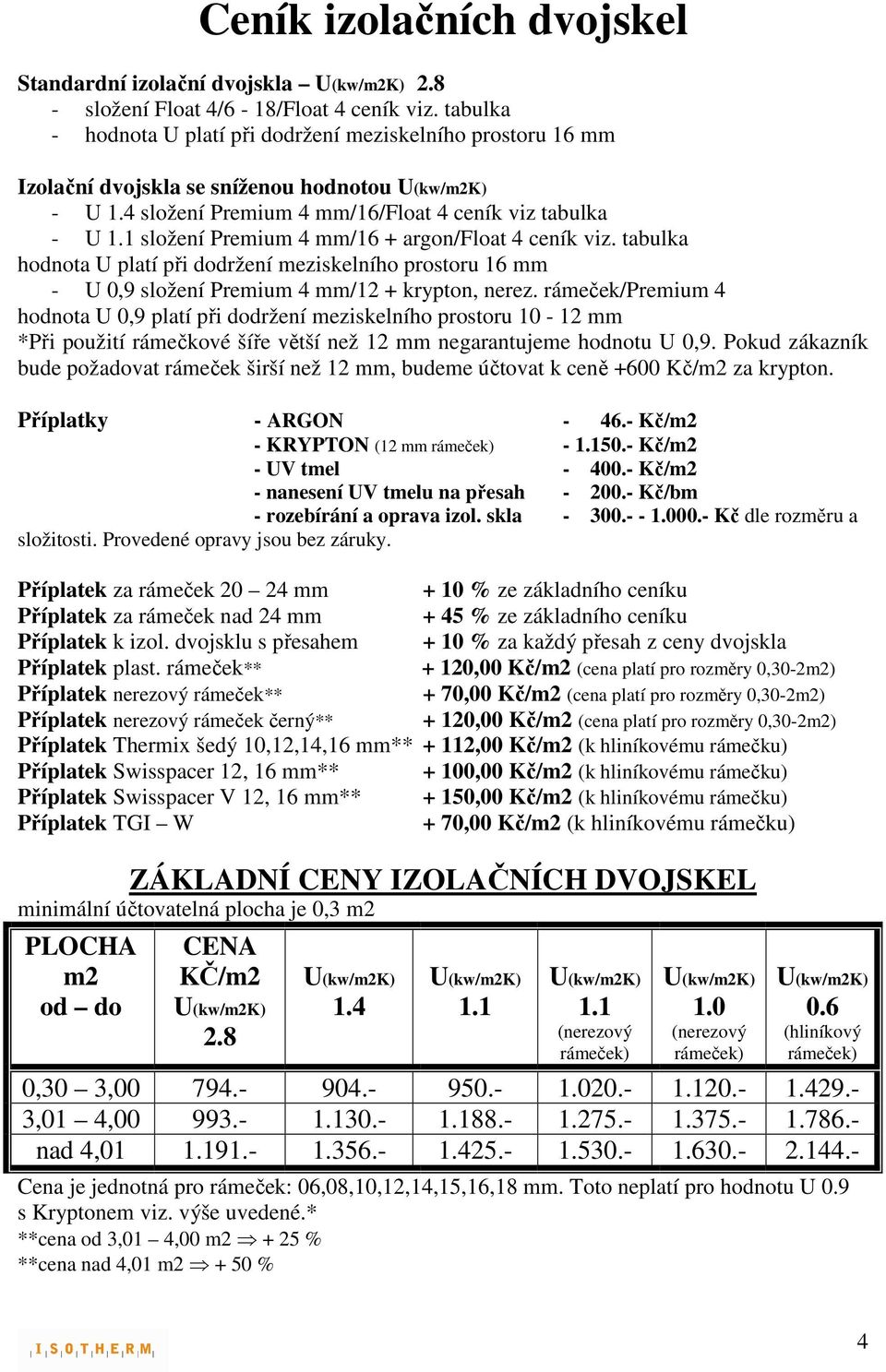 1 složení Premium 4 mm/16 + argon/float 4 ceník viz. tabulka hodnota U platí při dodržení meziskelního prostoru 16 mm - U 0,9 složení Premium 4 mm/12 + krypton, nerez.