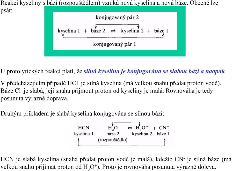 V předcházejícím případě HC1 je silná kyselina (má velkou snahu předat proton vodě). Báze Cl - je slabá, její snaha přijmout proton od kyseliny je malá.