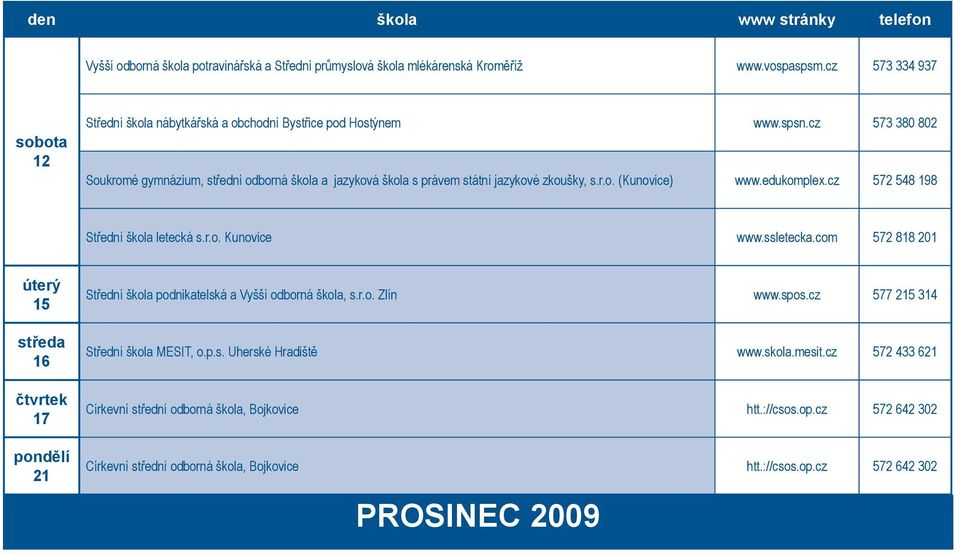 ssletecka.com 572 818 201 úterý 15 16 17 pondělí 21 Střední škola podnikatelská a Vyšší odborná škola, s.r.o. Zlín www.spos.cz 577 215 314 Střední škola MESIT, o.p.s. Uherské Hradiště www.