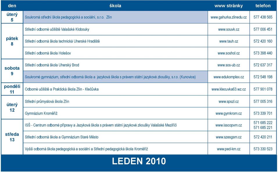 cz 573 398 440 9 pondělí 11 úterý 12 13 Střední odborná škola Uherský Brod www.sos-ub.cz 572 637 317 Soukromé gymnázium, střední odborná škola a jazyková škola s právem státní jazykové zkoušky, s.r.o. (Kunovice) www.