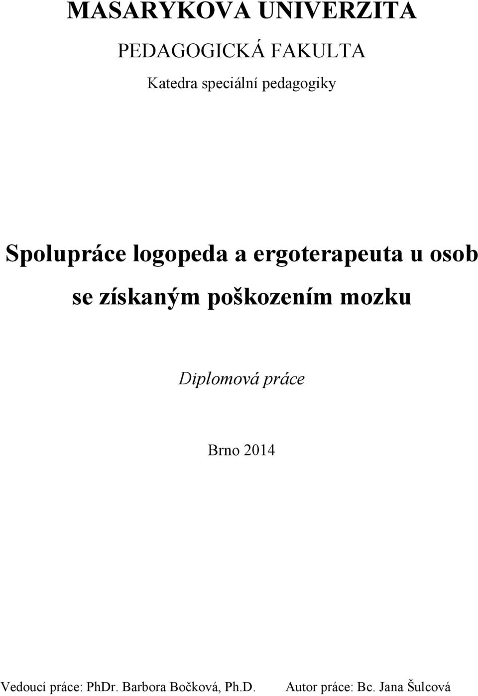 získaným poškozením mozku Diplomová práce Brno 2014 Vedoucí