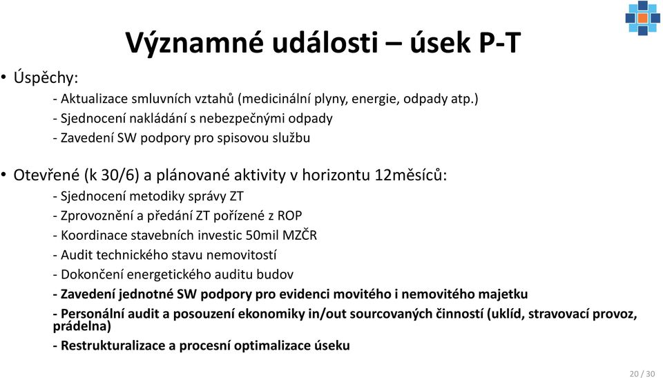 správy ZT - Zprovoznění a předání ZT pořízené z ROP - Koordinace stavebních investic 50mil MZČR - Audit technického stavu nemovitostí - Dokončení energetického auditu budov