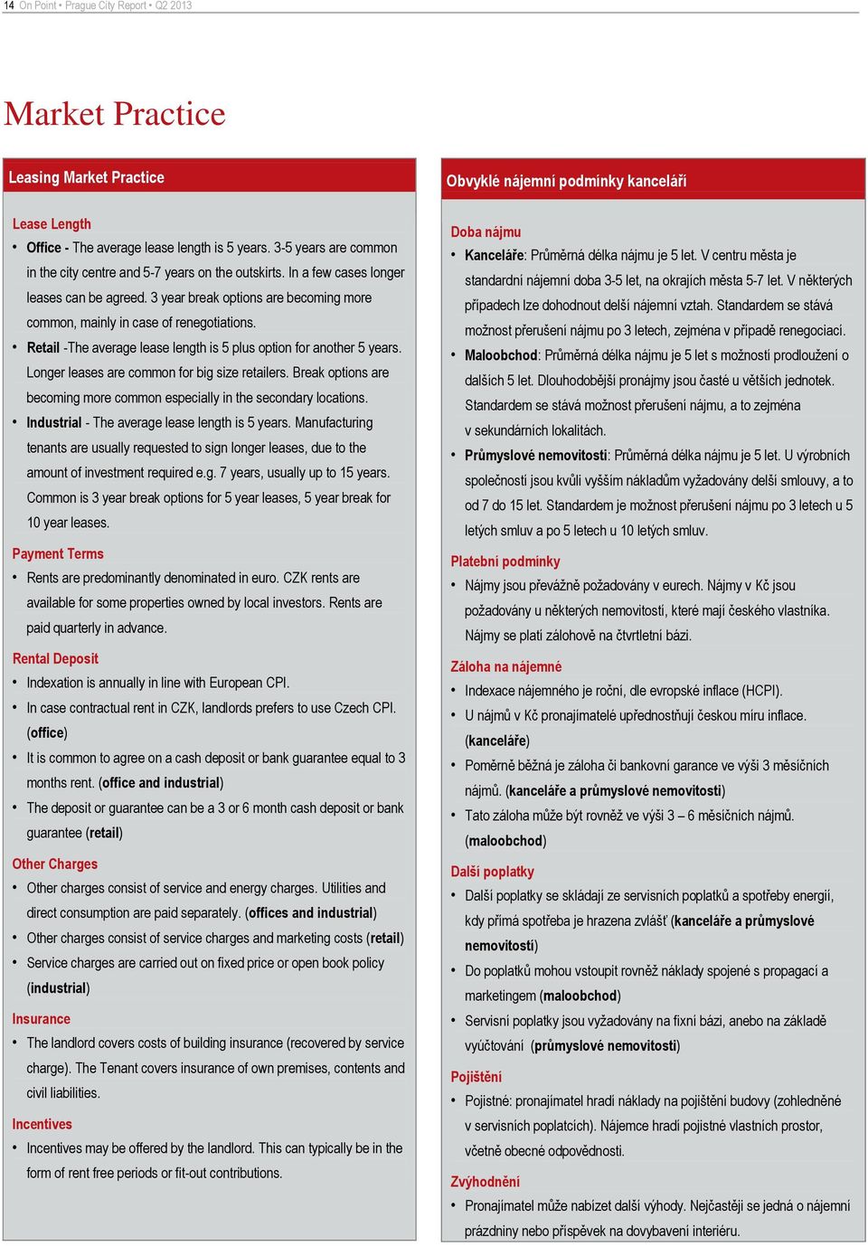 Retail -The average lease length is 5 plus option for another 5 years. Longer leases are common for big size retailers. Break options are becoming more common especially in the secondary locations.