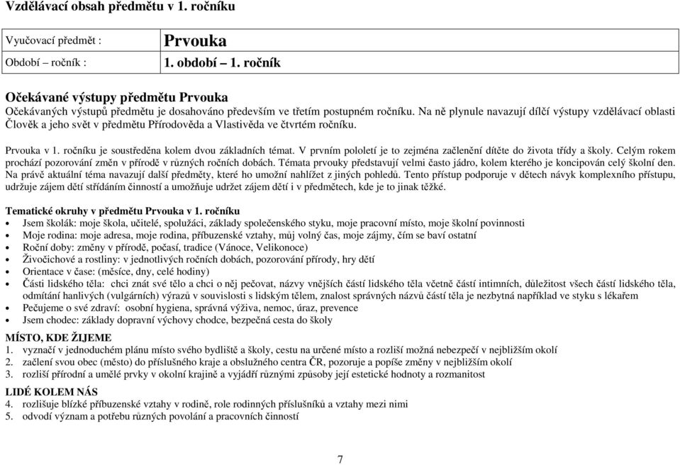 Na ně plynule navazují dílčí výstupy vzdělávací oblasti Člověk a jeho svět v předmětu Přírodověda a Vlastivěda ve čtvrtém ročníku. Prvouka v 1. ročníku je soustředěna kolem dvou základních témat.