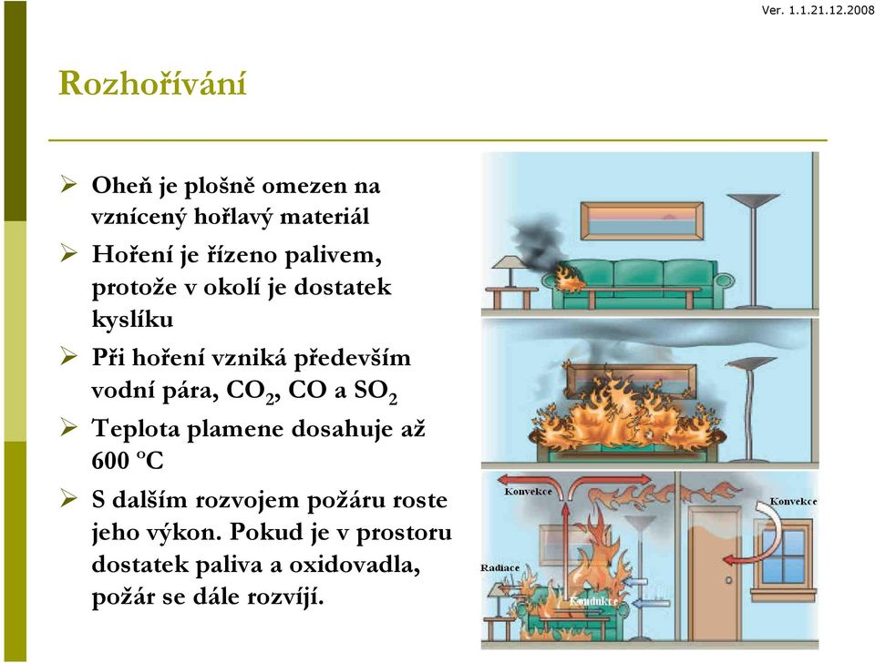 pára, CO 2, CO a SO 2 Teplota plamene dosahuje až 600 ºC S dalším rozvojem požáru