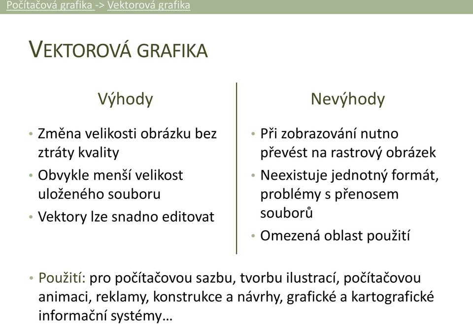 rastrový obrázek Neexistuje jednotný formát, problémy s přenosem souborů Omezená oblast použití Použití: pro