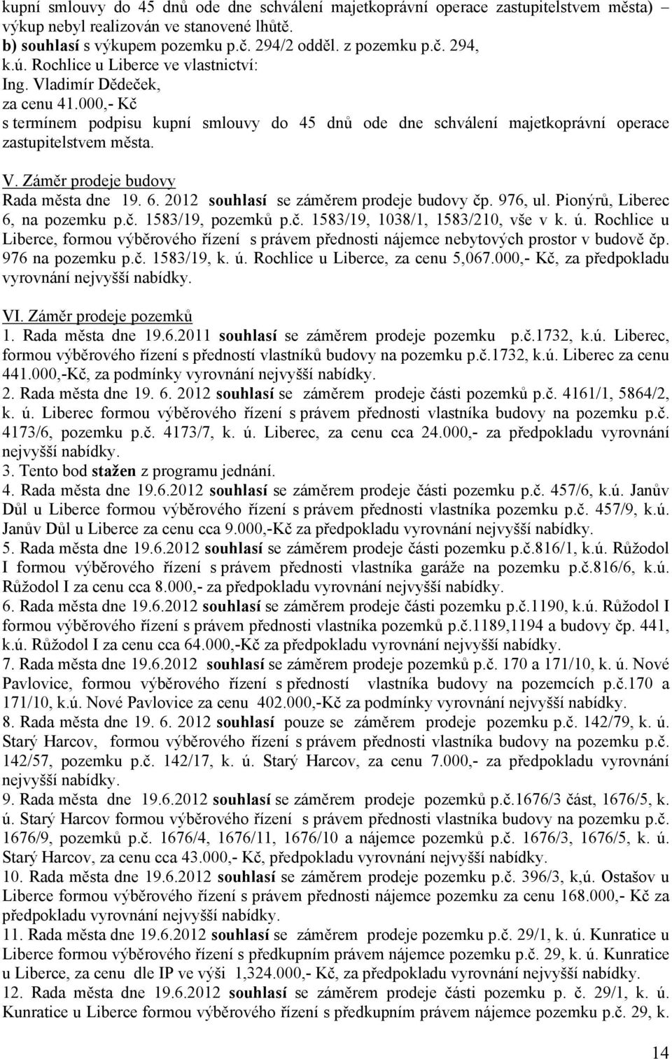 6. 2012 souhlasí se záměrem prodeje budovy čp. 976, ul. Pionýrů, Liberec 6, na pozemku p.č. 1583/19, pozemků p.č. 1583/19, 1038/1, 1583/210, vše v k. ú.