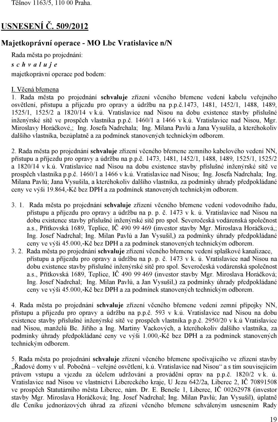 p.č. 1460/1 a 1466 v k.ú. Vratislavice nad Nisou, Mgr. Miroslavy Horáčkové,; Ing. Josefa Nadrchala; Ing.