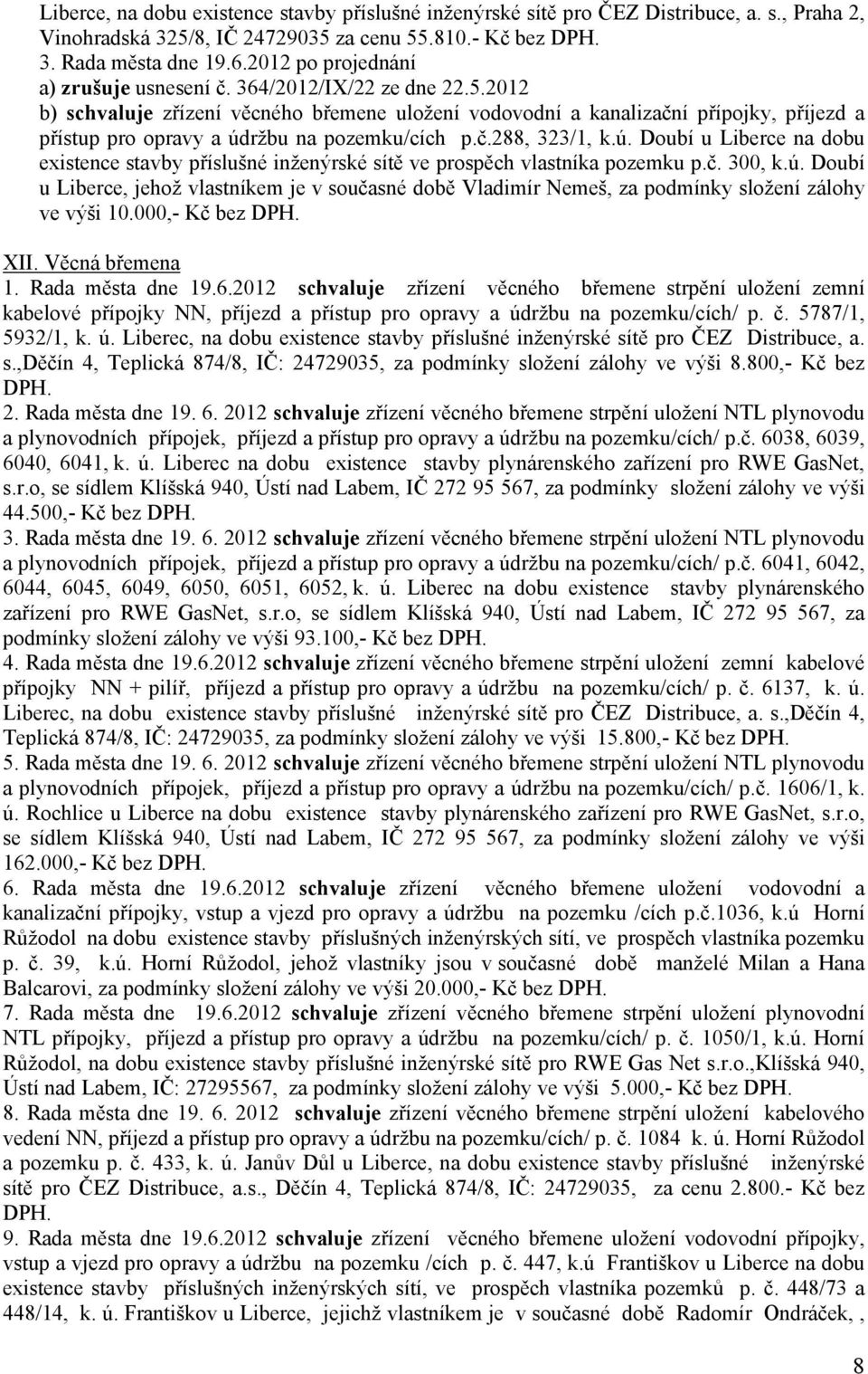 č.288, 323/1, k.ú. Doubí u Liberce na dobu existence stavby příslušné inženýrské sítě ve prospěch vlastníka pozemku p.č. 300, k.ú. Doubí u Liberce, jehož vlastníkem je v současné době Vladimír Nemeš, za podmínky složení zálohy ve výši 10.