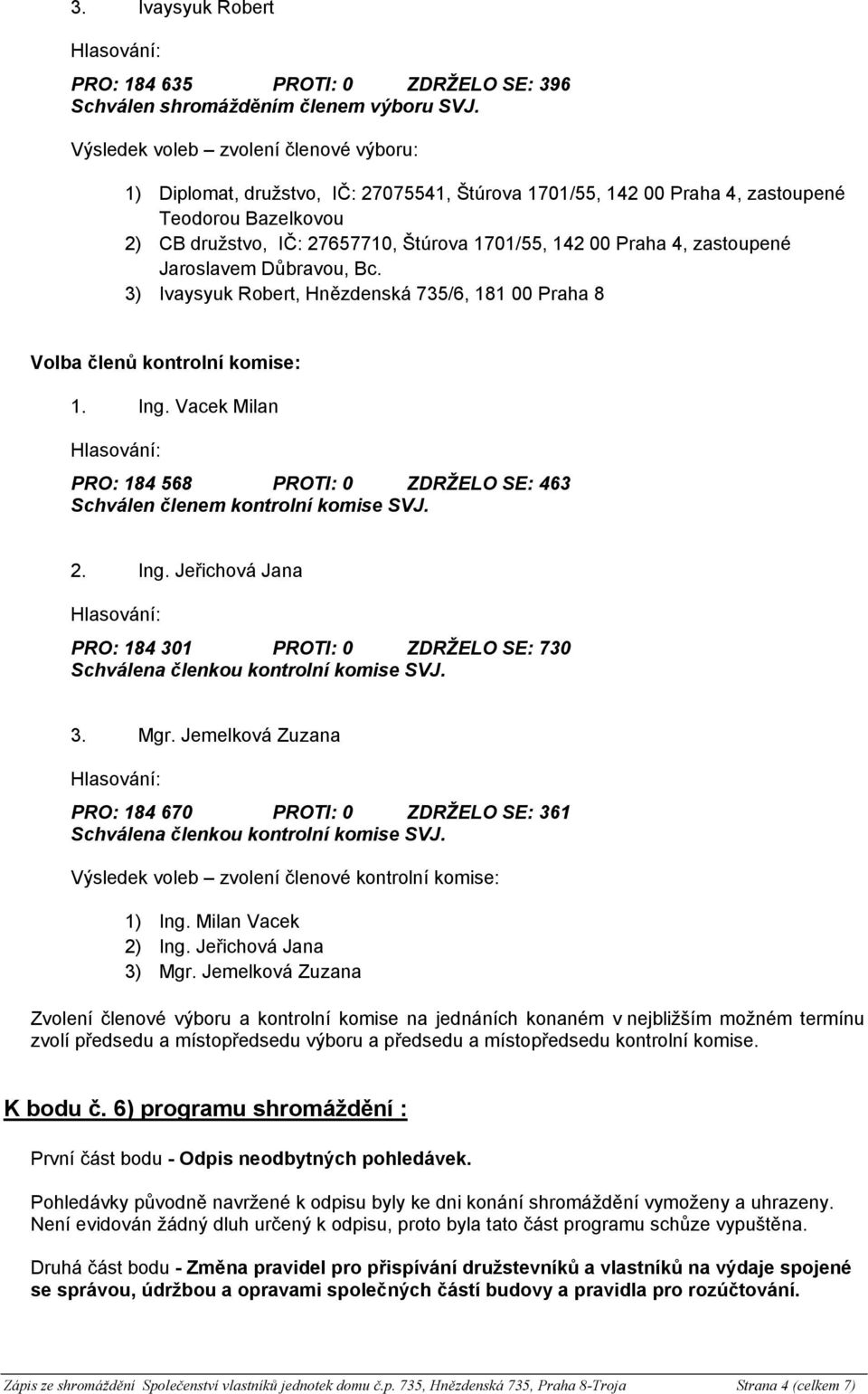 4, zastoupené Jaroslavem Důbravou, Bc. 3) Ivaysyuk Robert, Hnězdenská 735/6, 181 00 Praha 8 Volba členů kontrolní komise: 1. Ing.