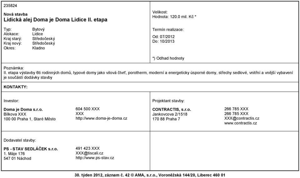 součástí dodávky stavby Doma je Doma s.r.o. Bílkova 100 00 Praha 1, Staré Město 604 500 http://www.doma-je-doma.cz CONTRACTIS, s.r.o. Jankovcova 2/1518 170 88 Praha 7 266 785 266 785 @contractis.
