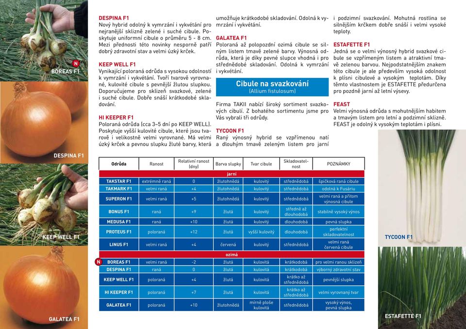 Tvoří tvarově vyrovnané, kulovité cibule s pevnější žlutou slupkou. Doporučujeme pro sklizeň svazkové, zelené i suché cibule. Dobře snáší krátkodobé skladování.