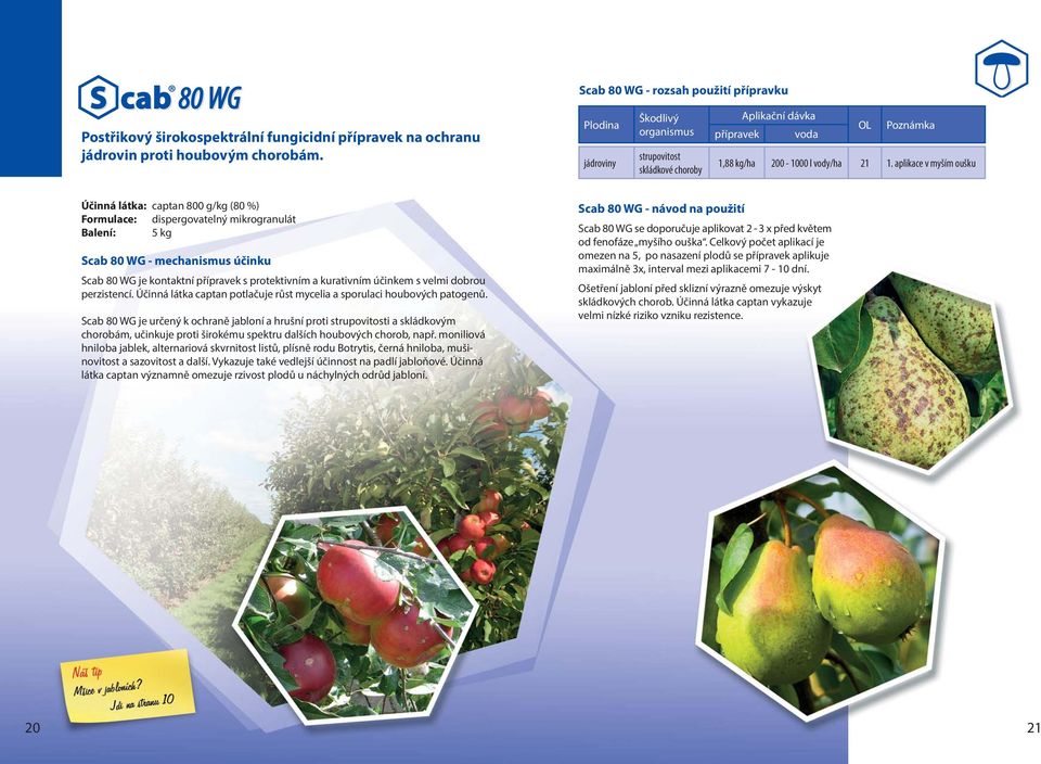 aplikace v myším oušku Účinná látka: captan 800 g/kg (80 %) Formulace: dispergovatelný mikrogranulát Balení: 5 kg Scab 80 WG - mechanismus účinku Scab 80 WG je kontaktní s protektivním a kurativním