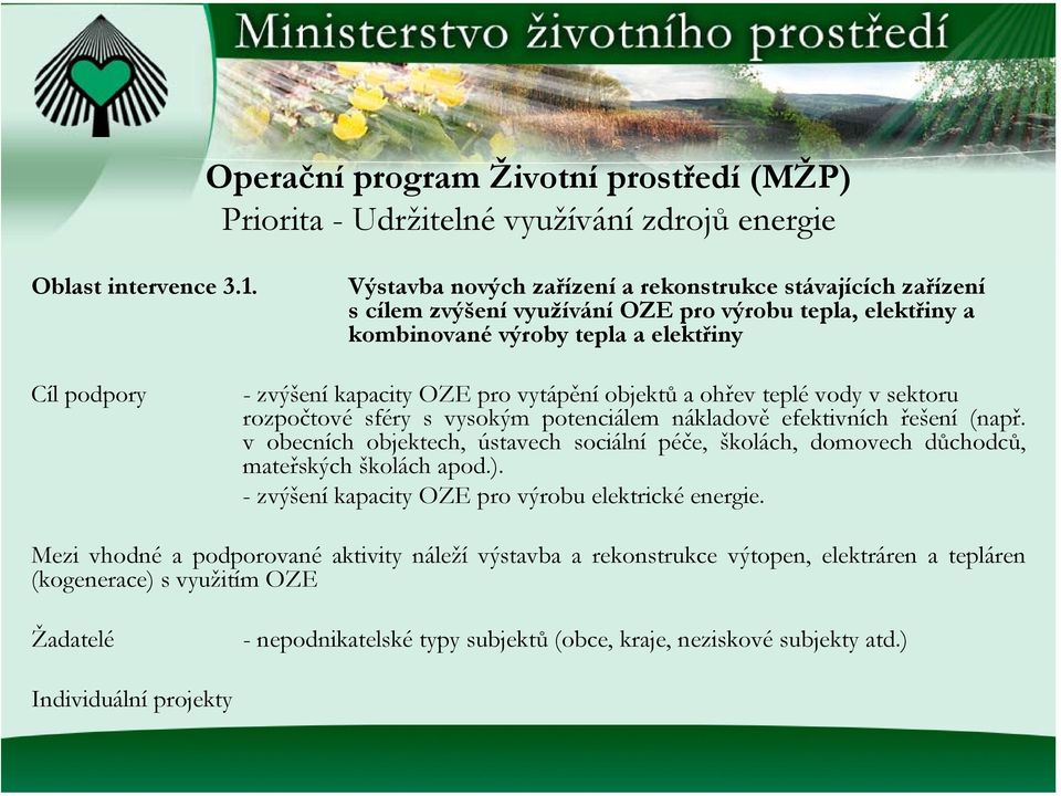 vytápění objektů a ohřev teplé vody v sektoru rozpočtové sféry s vysokým potenciálem nákladově efektivních řešení (např.