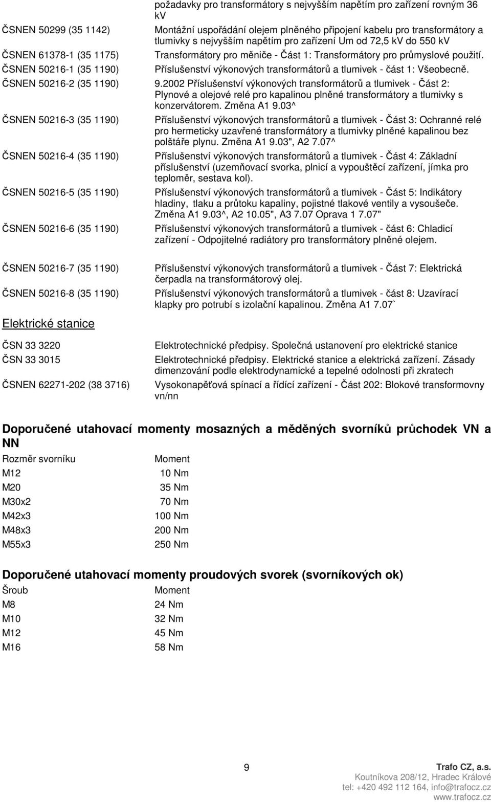 Příslušenství výkonových transformátorů a tlumivek - část 1: Všeobecně. ČSNEN 50216-2 (35 1190) 9.