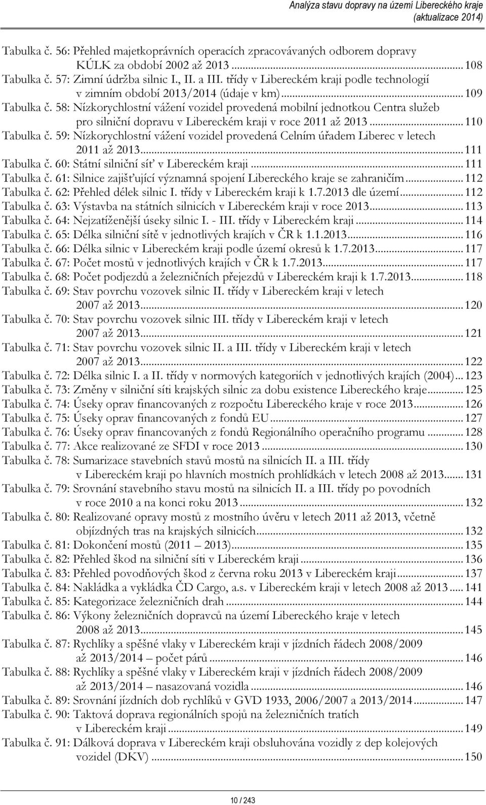 58: Nízkorychlostní vážení vozidel provedená mobilní jednotkou Centra služeb pro silniční dopravu v Libereckém kraji v roce 2011 až 2013...110 Tabulka č.