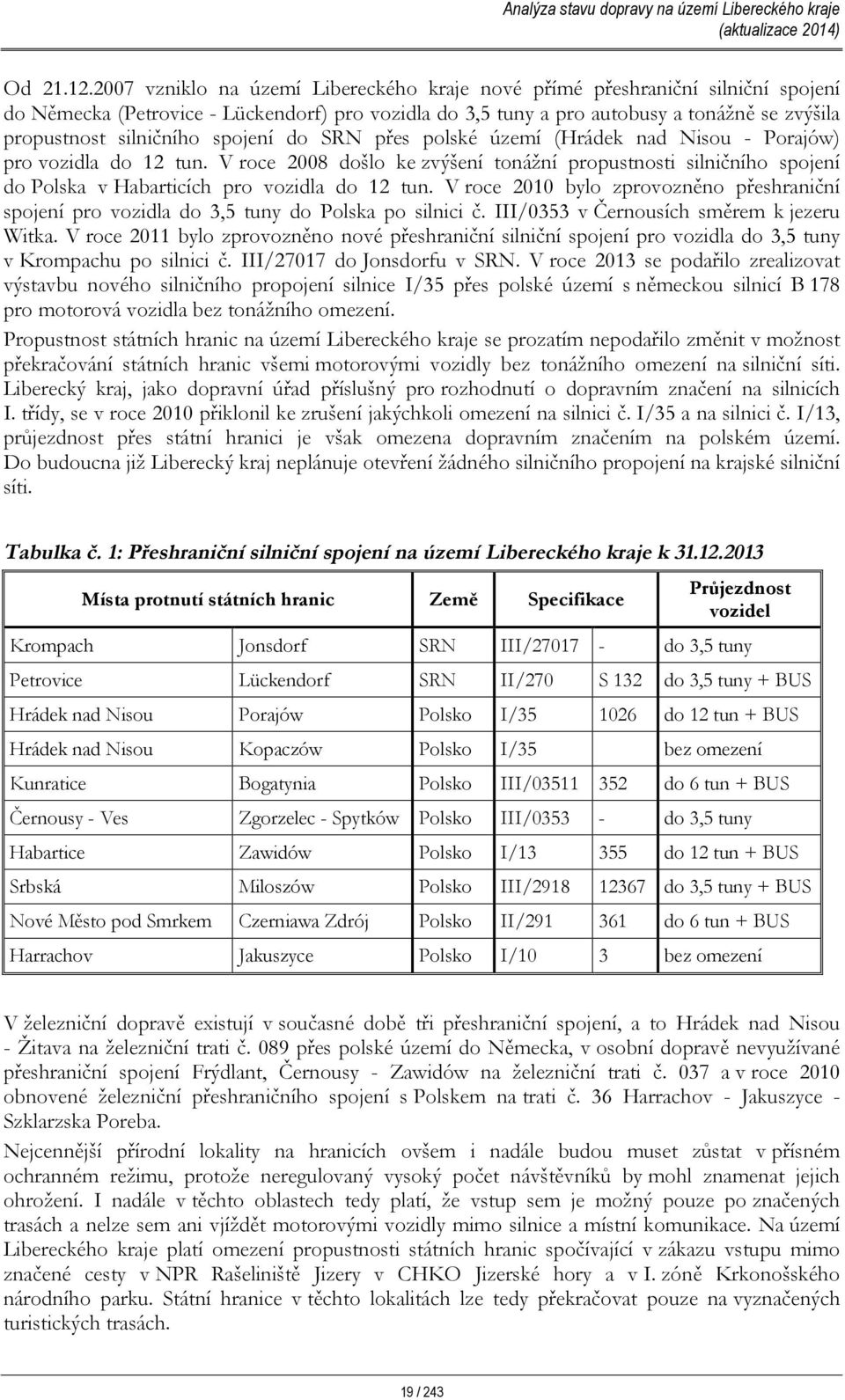 spojení do SRN přes polské území (Hrádek nad Nisou - Porajów) pro vozidla do 12 tun. V roce 2008 došlo ke zvýšení tonážní propustnosti silničního spojení do Polska v Habarticích pro vozidla do 12 tun.