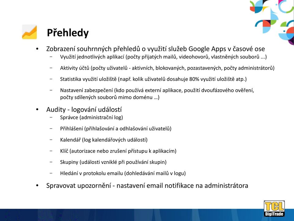 ) Nastavení zabezpečení (kdo používá externí aplikace, použití dvoufázového ověření, počty sdílených souborů mimo doménu ) Audity - logování událostí Správce (administrační log) Přihlášení