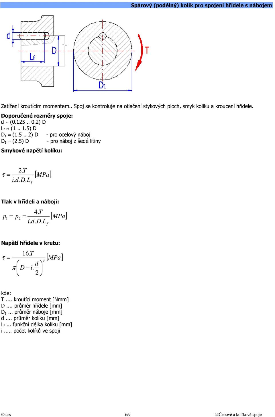 5) D - ro náboj z šeé litiny Smykové naětí kolíku: τ. T i. D. L f Tlak v hříeli a náboji:. T i. D. L f Naětí hříele v krutu: 6. T τ 3 π D i.